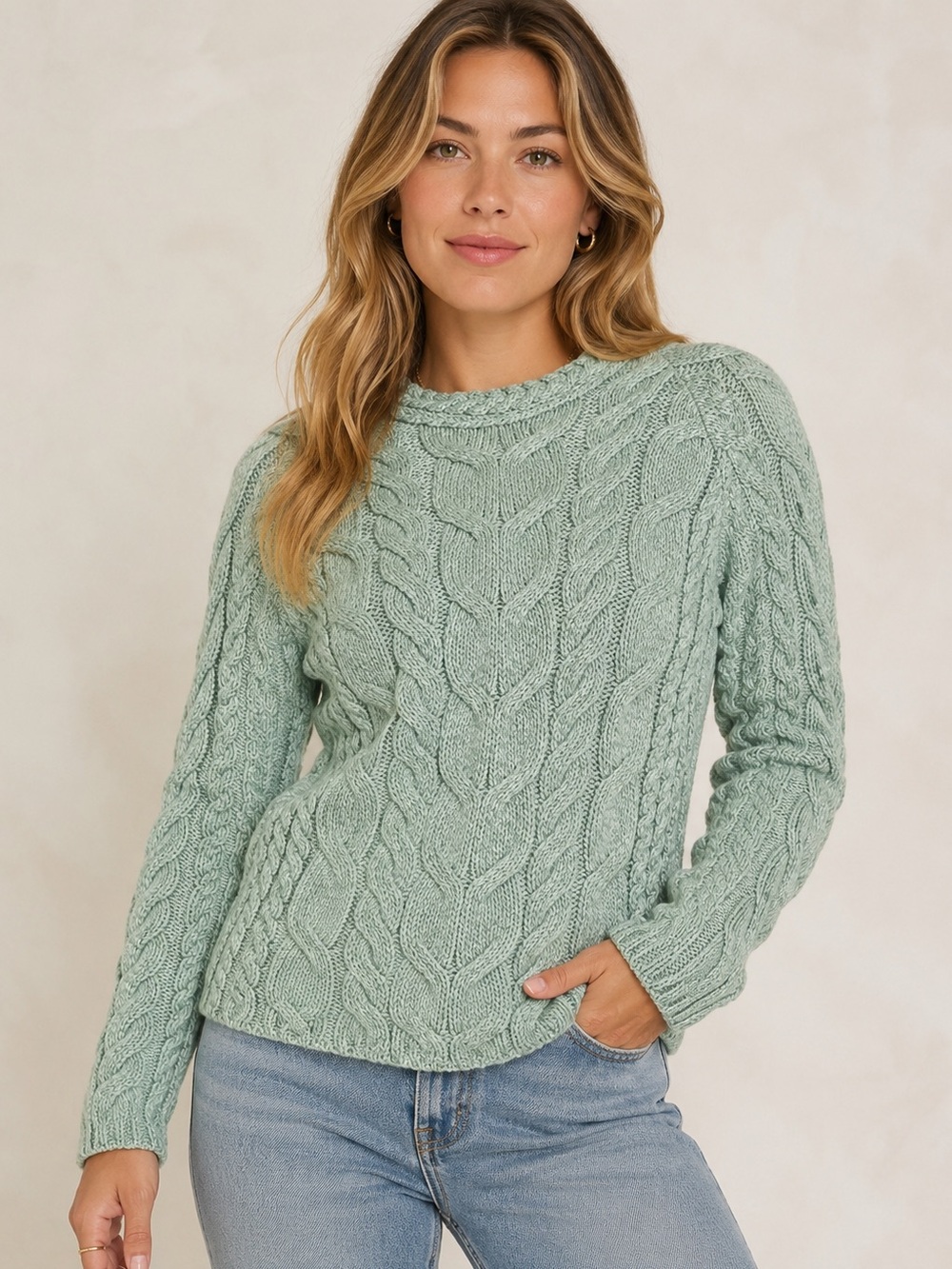 Blarney Woollen Mills 100% Merino Wool Cable Knit Sweater Sage Green Ireland S